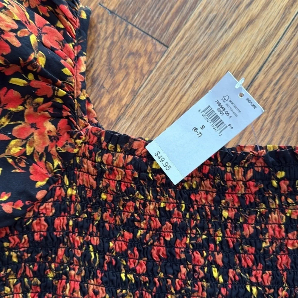 NWT Gap Kids Girls Puff Sleeve Smocked Dress Orange Black floral Thanksgiving